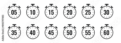 Black Stopwatch icons with numbers 05 to 60 On Transparent Background