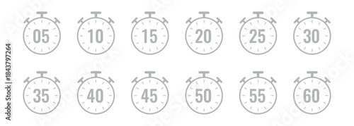 Gray Stopwatch icons with numbers five to sixty On Transparent Background