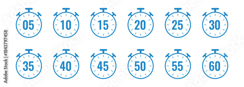 Blue stopwatch icons with numbers 5 to 60 On Transparent Background