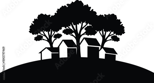Silhouette village on hill, leafy trees, pitched roof houses, peaceful rural scene, black and white minimalist landscape illustration