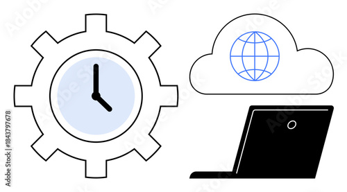 Time management, cloud technology, online connectivity, remote work, digital systems, resource optimization. Gear with clock, cloud with globe and laptop ion. Time management and cloud technology