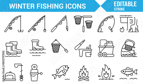 Ice fishing symbols and equipment icons for infographic design