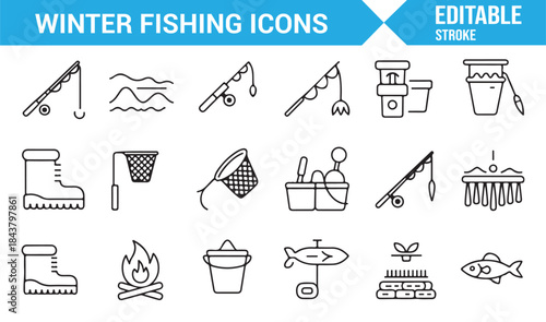 Winter fishing gear and tools minimalist icon set