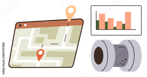 Navigation route on a map, bar graph showing data analytics, and an industrial spool. Ideal for logistics, planning, analytics, shipping, industrial operations digital tools and maps. Simple flat