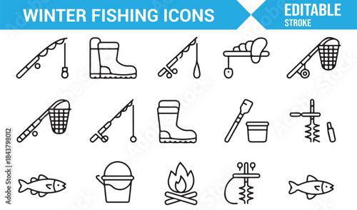 Ice angling workflow and equipment outline vector icons