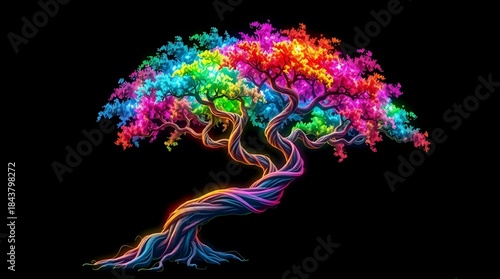 A digital tree with a trunk spinning in purple, blue, and orange, and leaves that glow in a rainbow spectrum