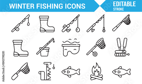 Frozen lake fishing and angling editable outline symbols