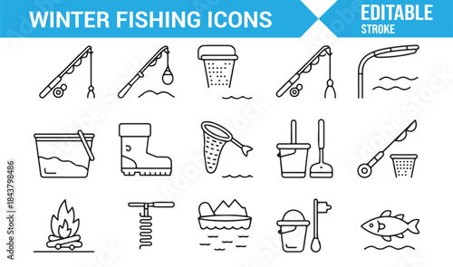 Winter angling symbols with rods bait and frozen lake elements