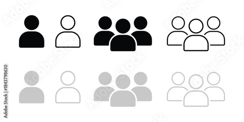 Black and grey user icons in groups of one and three On Transparent Background