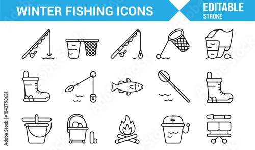 Winter fishing and ice angling outline icons editable vector set