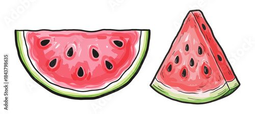 Hand drawn juicy watermelon slices with black seeds and green rind