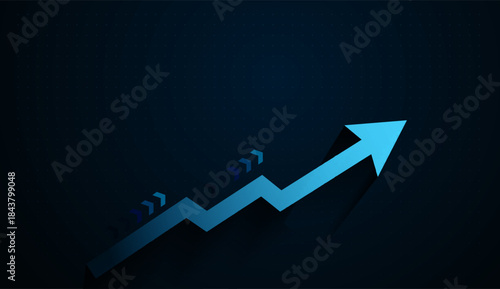 A sharp blue arrow climbs diagonally, symbolizing explosive financial growth and market momentum. A Graph arrow of improvement white color in blue background