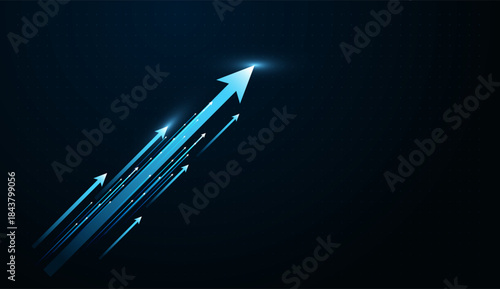 A leading bright arrow heads a vertical stream, representing market leadership and outperforming competitors. Business growth concept, A stream of high-speed arrows