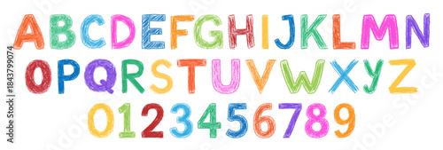 Full set of colorful crayon style letters and numbers