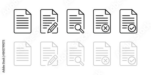 Document icons with pencil magnifying glass checkmark and cross On Transparent Background