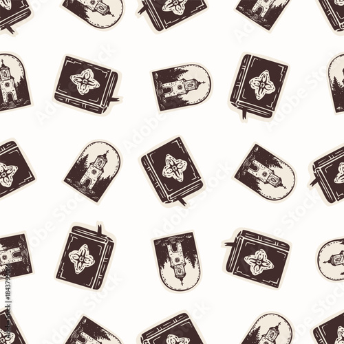 Christian bible hand drawn seamless vector pattern. Religious home decor faith motif for background. All over print of biblical book word of god. 