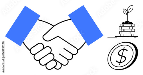 Business partnerships, financial cooperation, investments, sustainability, success, agreements. Two shaking hands, money symbol plant growing from stacked coins. Business cooperation and financial