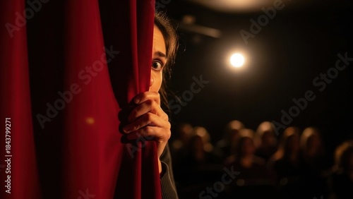 Nervous actor peeking from behind red curtain with spotlight and audience waiting in theater
