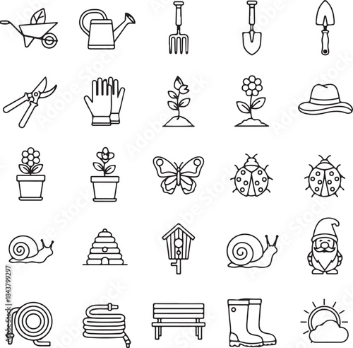 Collection of garden tools and nature elements silhouette isolated on white background