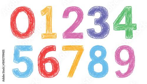 Colorful crayon-style numbers zero to nine set