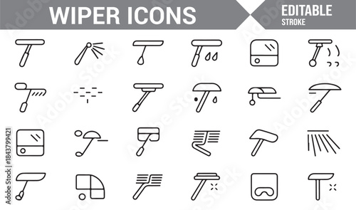 Driving safety and windshield cleaning linear icons
