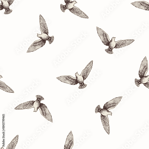  Christian holy dove hand drawn seamless vector pattern. Religious home decor background for sunday school bible study motif. Christianity faith motif.