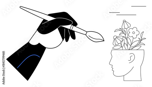 Black hand with brush creating blooming flowers in head silhouette, representing creativity, innovation, growth. Ideal for imagination, art, mental health, education, mindfulness human potential