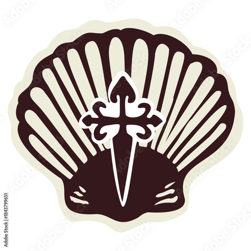 Iconic pilgrims shell for Santiago de Compostela camino pilgrimage road in Spain, Europe. Hand drawn black and white vector motif, isolated. For religious christian travel. St James the greater cross.