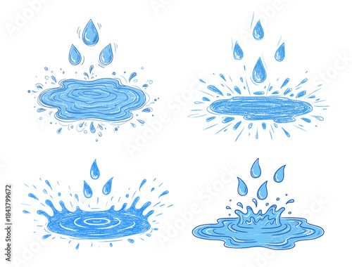 Set of blue water splash and raindrop designs in crayon style