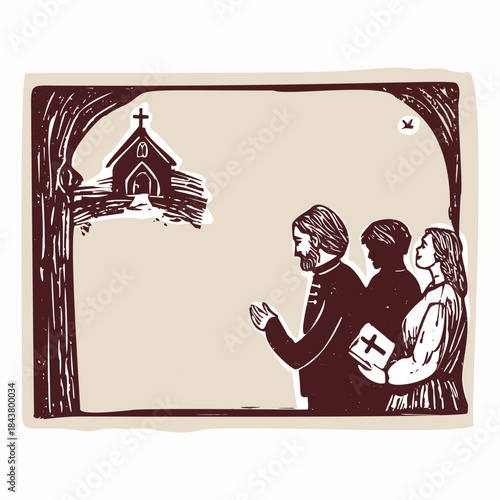 Group of praying church goes or carol singers for parish pilgrimage. Hand drawn black and white vector frame with copy space for flyer. Religious faith based motif for missionary, baptist or pilgrim