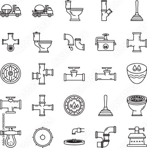 Collection of plumbing and bathroom fixture icons in a silhouette style isolated on white background