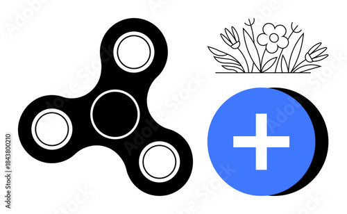 Fidget spinner concept. Fidget spinner icon with blue plus symbol and floral element. Fidget spinner for focus, mindfulness, creativity, play, and relaxation