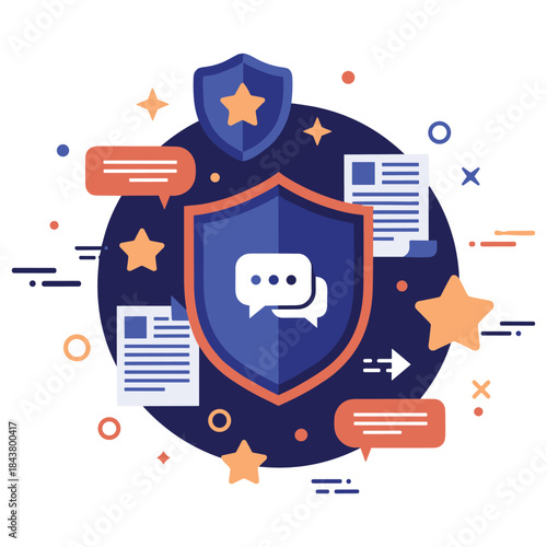 Cybersecurity concept image featuring shields, stars, and communication icons