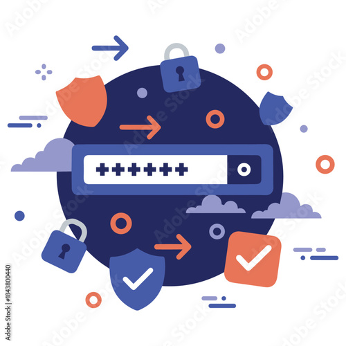Cybersecurity concept: password protection with shields and locks illustration