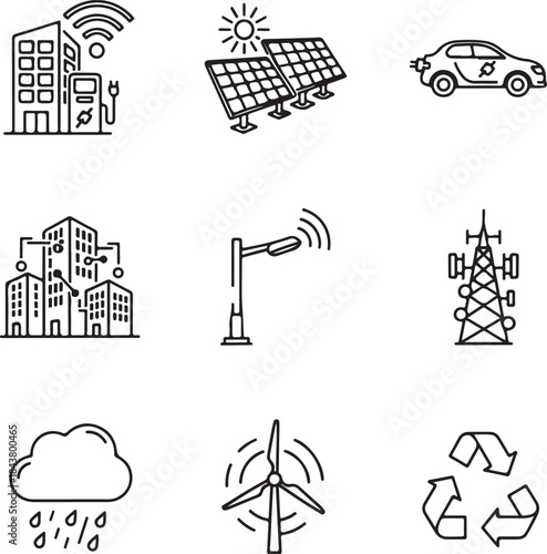 Collection of hand drawn icons representing smart city technology and renewable energy sources silhouette isolated on white background