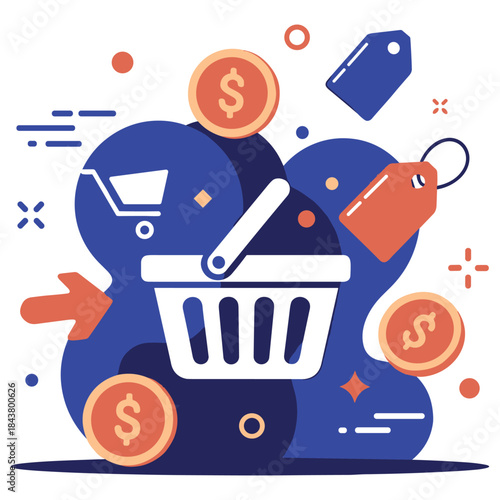 Colorful shopping basket and price tags with dollar coins illustration