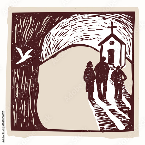 Group of people walking to christian church. Hand drawn Lino cut vector motif for religious flyer, holy night greeting card or faith based logo. Isolated retreat symbol for christianity religion