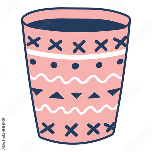 Flower pot for Christmas tree with geometric pattern, isolated on transparent. Hand drawn line art vector illustration. Traditional holiday, Xmas, New Year, seasonal design element, clip art