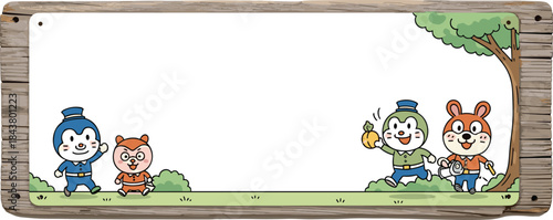 Cute animal wooden frame illustration, cartoon forest characters on blank board, adorable woodland scene template for kids messages and decorations.