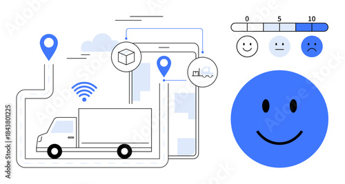 Logistics management. Logistics displayed with GPS tracking, delivery truck, and tech integration. Logistics monitoring driver productivity and customer satisfaction for business and ecommerce