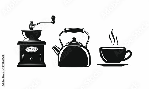 Vintage Coffee Grinder, Kettle, and Steaming Cup Silhouette Set.