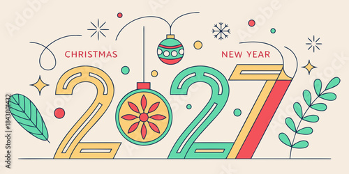 Christmas & New Year 2027 – Festive Holiday Illustration, Modern Seasonal Greeting Design, Colorful Celebration Artwork