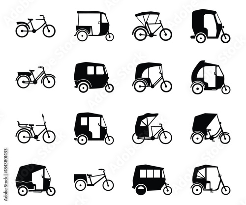 Collection of hand drawn auto rickshaw and bicycle rickshaw illustrations