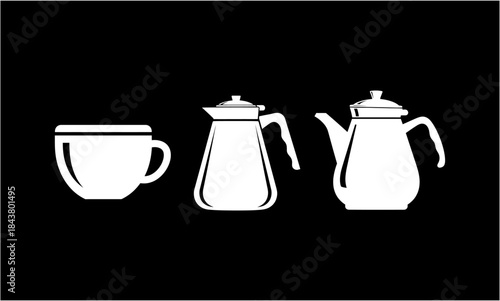White silhouettes of a coffee cup and two different coffee pots on a black background.