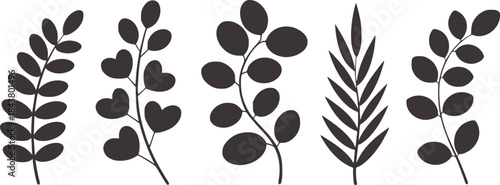 Five black botanical leaf silhouettes white leaves
