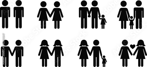 Mega Set of Stick Figure Icons Illustrating Diverse Modern Family Structures, Including Same-Sex Couples, Single Parents, and Large Families, Vector Graphic Collection.