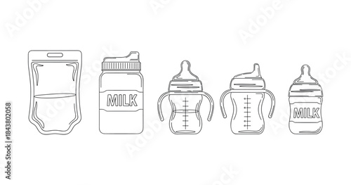 Set of baby bottles and milk pouch line art illustrations