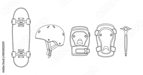 Skateboard gear set: board, helmet, pads, tool line art illustration