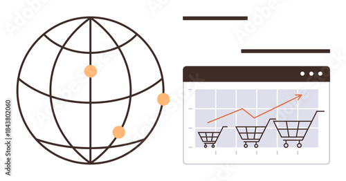 Globe with connection points alongside a browser displaying a chart with upward trend and shopping carts. Ideal for global trade, e-commerce, sales growth, online business, analytics, web trends