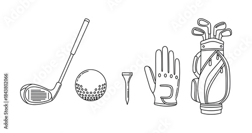 Golf equipment line art: club, ball, tee, glove, and bag illustration